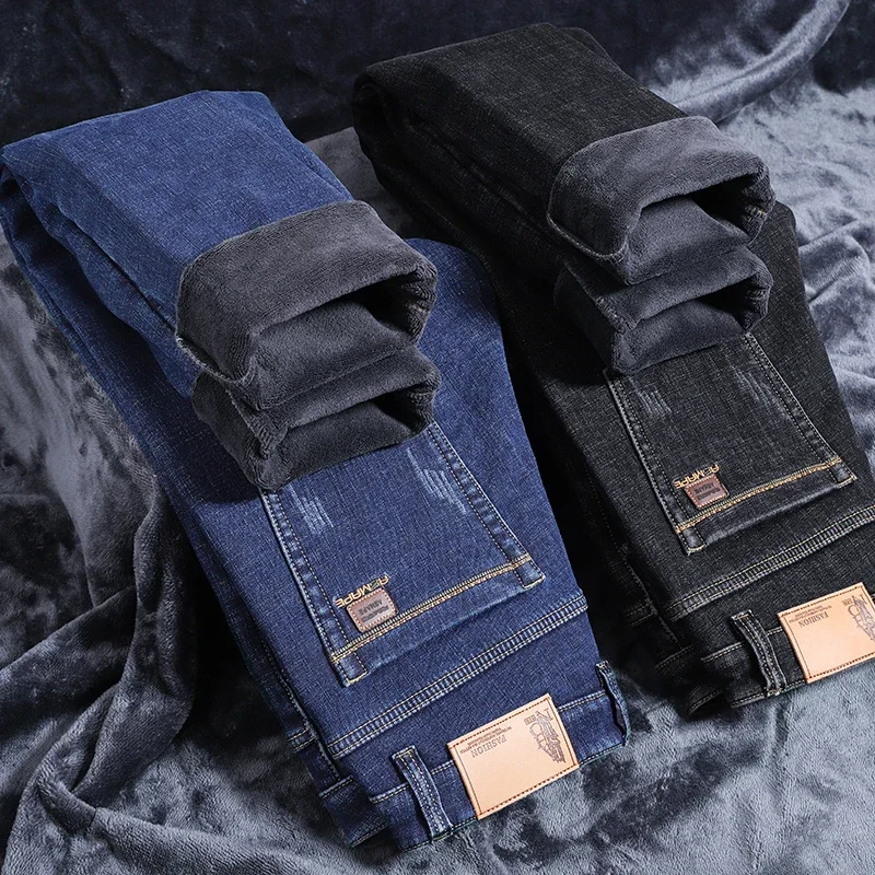 

Winter Fleece Warm Men's Jeans Business Fashion Straight Thicken Stretch Denim Trousers Classic Men's Pants Plus Size 28-42