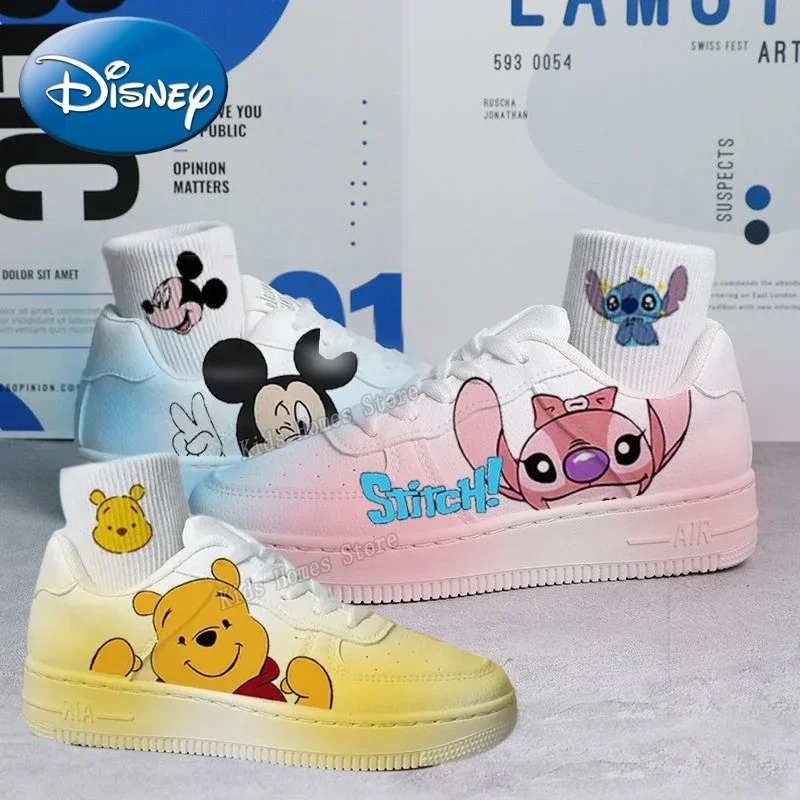 Disney cartoon sapatos brancos de couro para meninos, tênis esportivo casual infantil, blusa baixa, na moda, tamanho 35-44, primavera, outono