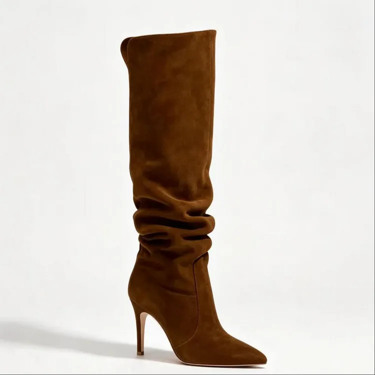 2026 Women's Autumn and Winter Slim High Heels Over The Knee Boots, Pointed Pleated Pile Boots, Fashionable Women's Thigh Boots