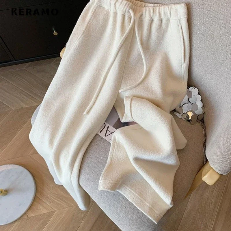 

2025 Winter Casual High Waist Wide Leg Solid Color Pants Women's Fashion Loose Fit Drawstring Full Length White Trousers