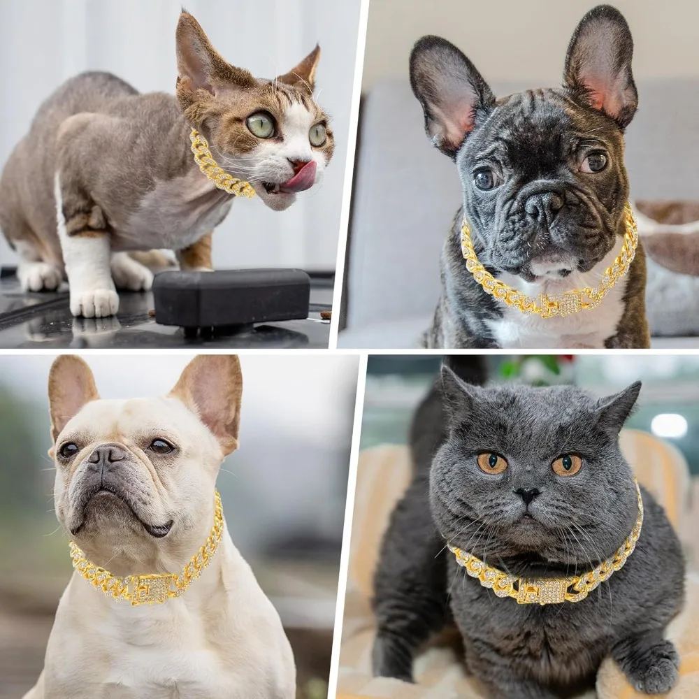 Gold Dog Chain Diamond Dog Collar Walking Metal Secure Buckle Pet Collar Jewelry Accessories Necklace for Small Medium Large Cat view 6