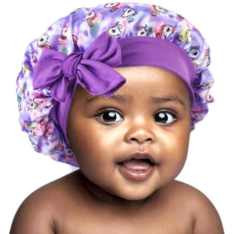 New Kids Satin Bonnet with Band Tie Hair Scarf Adjustable Flower Printed Silky Sleep Cap Wide Band Sleeping Cap for Toddler
