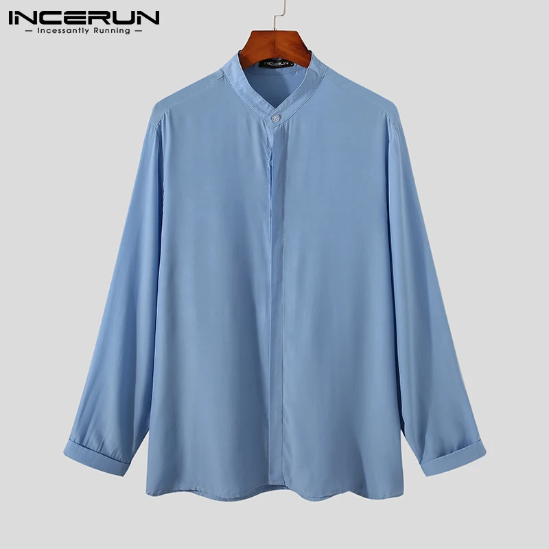 INCERUN 2024 Men\'s Shirt Streetwear Long Sleeve Stand Collar Button Korean Style Shirts Solid Color Fashion Casual Men Clothing