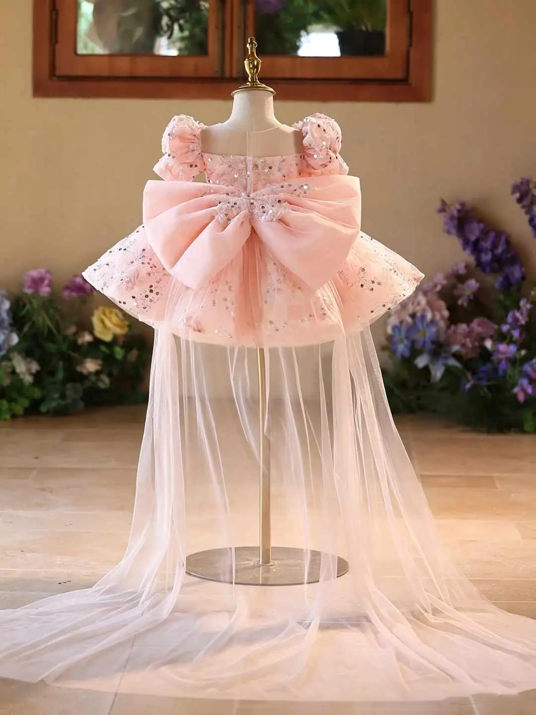 Jill Wish J524 Pink Girls Pageant Dress, Puff Sleeve 3D Floral Sequin Gown with Detachable Tulle Train