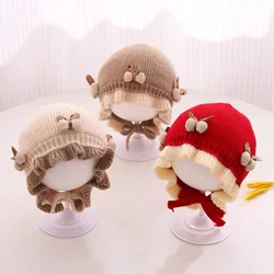 Korean Ruffle Baby Knitted Hat Winter Warm Toddler Ear Protection Cap Cute Solid Color Bow Kids Lacing Hats Bonnet