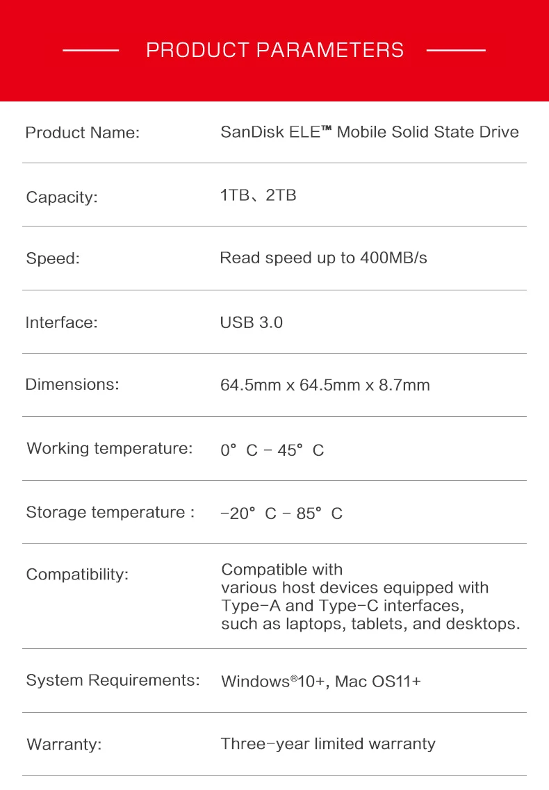SanDisk 1TB 2TB ELE Portable SSD 400MB/s Read Fast File Transfer External Solid State Drive for Office Work School Data Backup