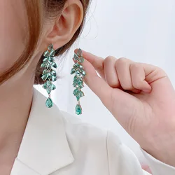 925 Silver Needle Personality Long Green Rhinestone Water Drop Dangle Earrings Women's Elegant Temperament Jewelry Accessories