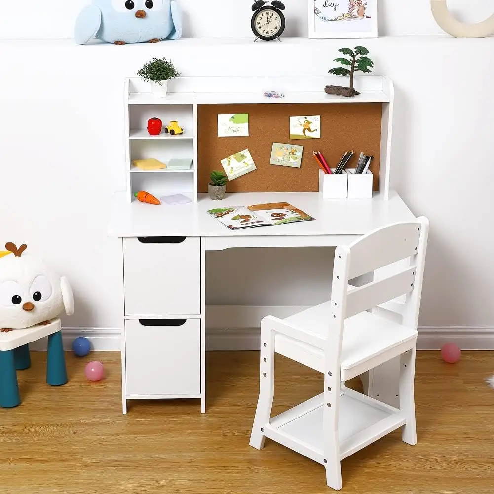 Garvee Kids Study Desk and Chair Set with Bookshelf Bulletin Board Storage Cabinets Wooden Writing Table for Boys and Girls Ages 3-8 for Studying, Reading, and Homework