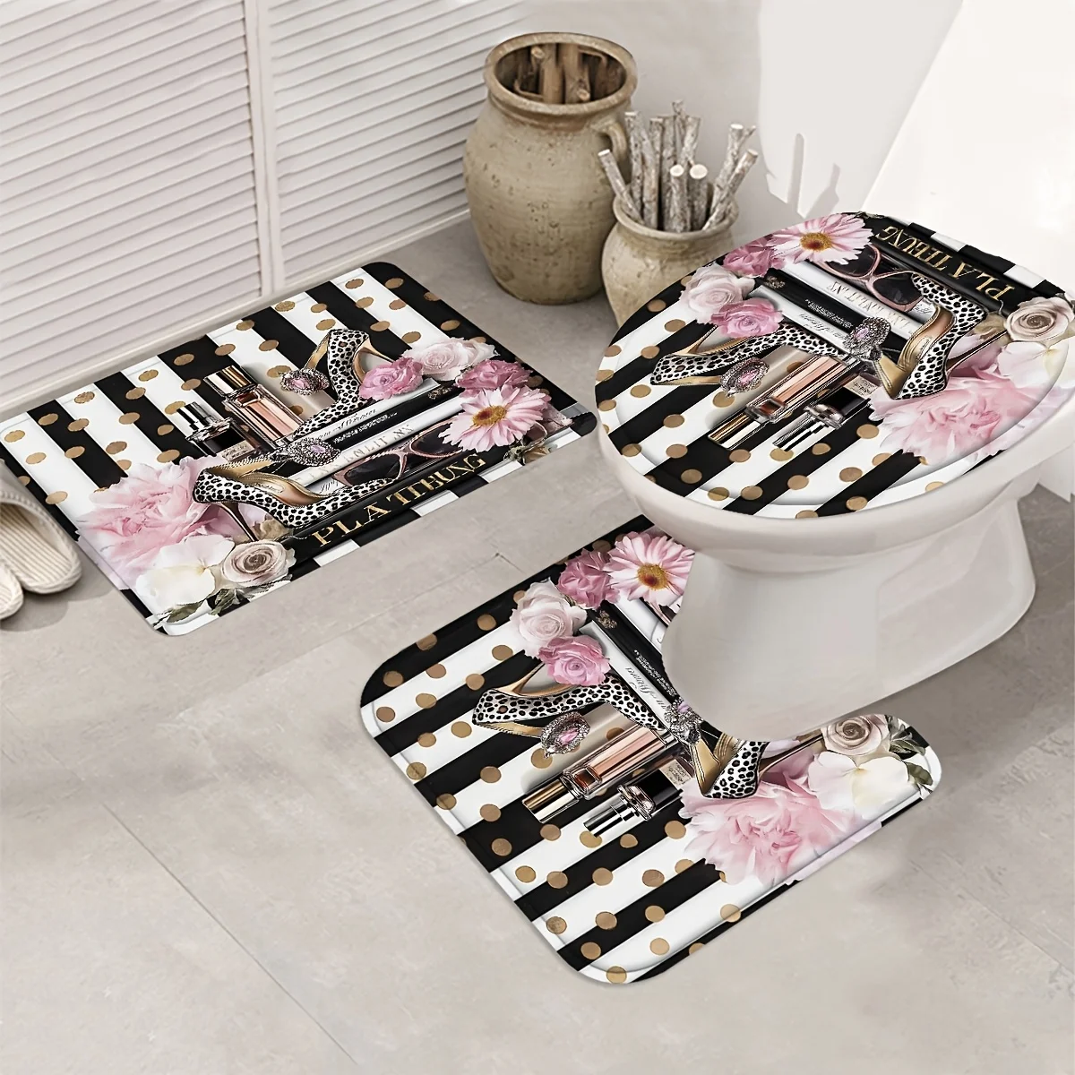 Girly Fashion High Heel Makeup Floral Bathroom Mat Set 3 Piece Black White Stripe Gold Polka Dot Print Non Slip Absorbent Bath Rug U-Shaped Mat Toilet Seat Cover Luxury Bathroom Decor