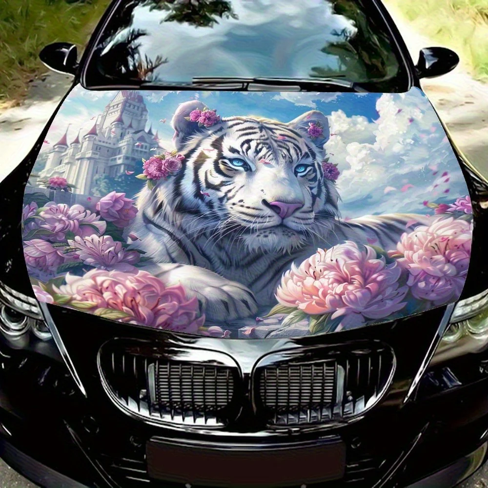 

Pink Rose White Tiger & Castle Car Hood Wrap Colorful Vinyl Sticker For Trucks, Decorative Bonnet Graphics And Auto Accessories,