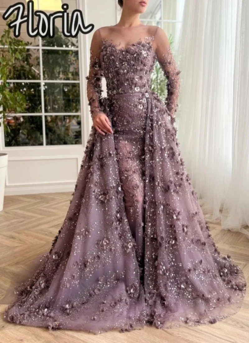 Выполненное на заказ сиреневое кружево с 3D вышивкой цветов Вечерние платья Русалка с длинными рукавами Вечернее платье со съемным шлейфом