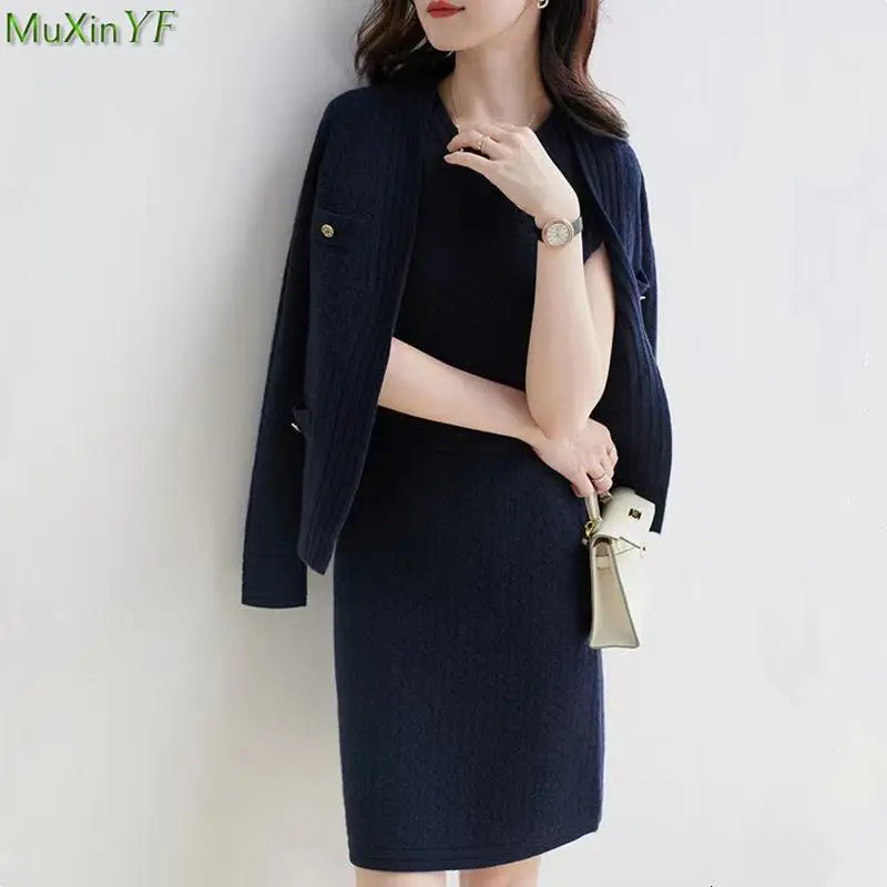 

Women's Graceful Solid Knit Jacket Mini Tank Dress Two Piece Set Lady Basic Joker Sweater Cardigan Sleeveless Dresses Outfits