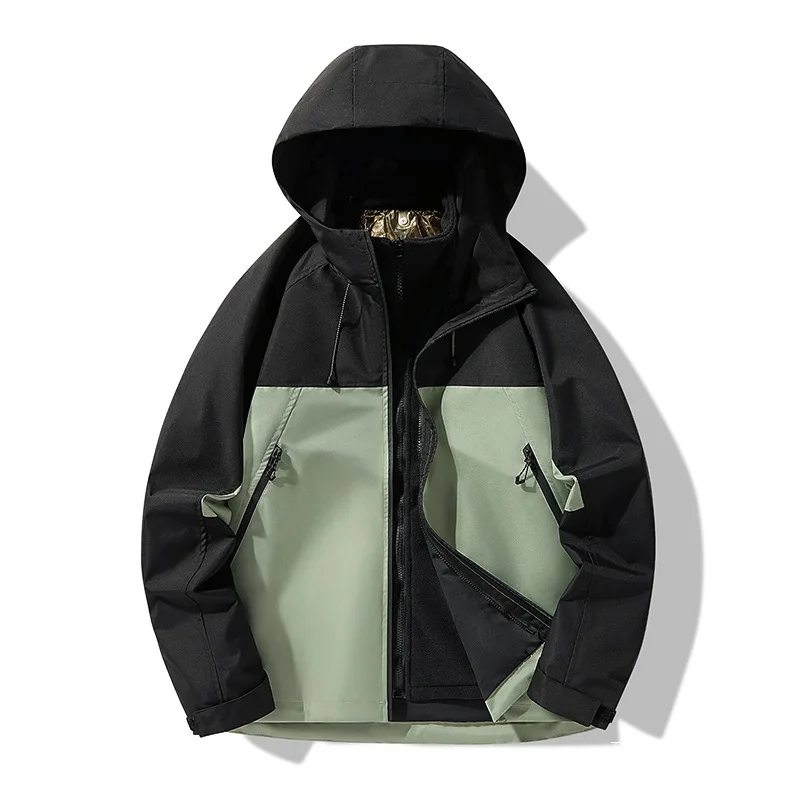 Men Jacket Autumn Winter New Contrast Color Patchwork Male Hooded Coat Windproof Outdoor Sport Three-in-one Man Outerwear