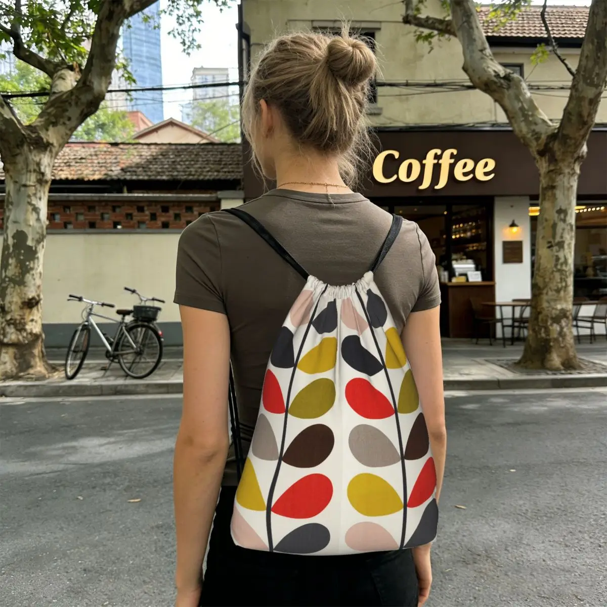 Mochilas Orla Kiely de color cerise fucsia intenso con cordón, bolsa de almacenamiento con bolsillo, bolsas para libros para hombres, mujeres y estudiantes