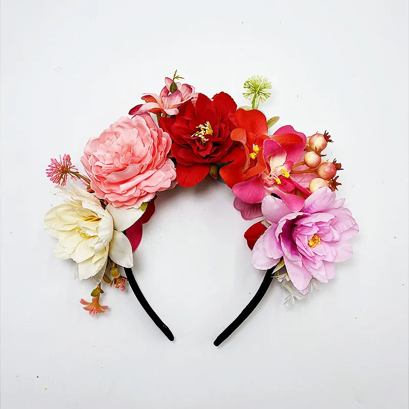 Artificial Fabric Flower Headband For Women Bridal Wedding Simulation Rose Crown Party Mexican Headdress Carnival Decoration