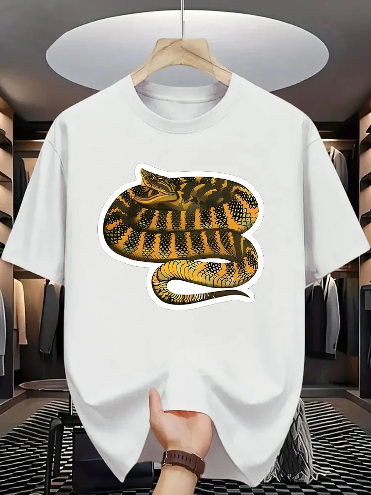 Men Summer Casual Short Sleeve T Shirt Vintage Yellow Python Snake Graphic Oversized Loose Tees Street Daily Fashion Tops