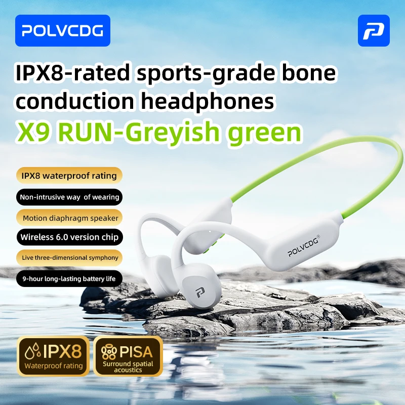 POLVCDG Beengeleidings-hoofdtelefoon IPX8 Waterdichte Bluetooth 6.0 Open-Backed hardloophoofdtelefoon 2026 Nieuw product X9 RUN