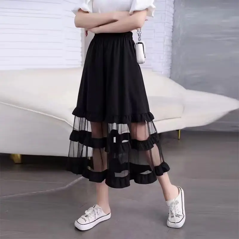 2024 Summer New Arrival Lace and Chiffon Mid-Calf Skirt Natural Waistline A-line Skirt