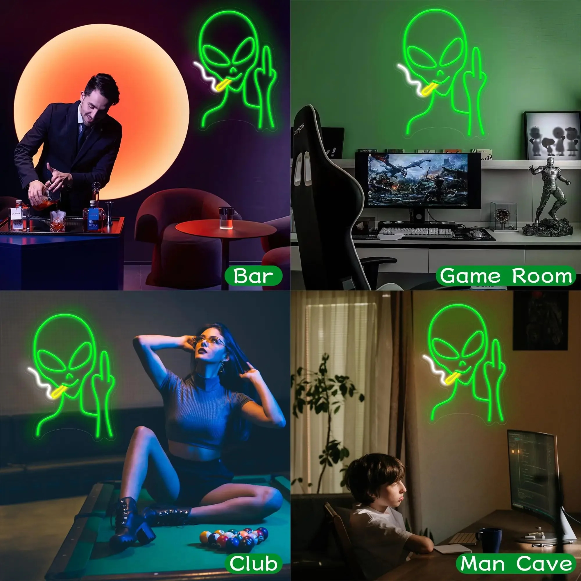 Verde Alien Neon Sinal para Quarto, Decoração da parede verde, Decoração da sala de jogos, Hip Hop Party LED Sign para o quarto adolescente, Parede de casa