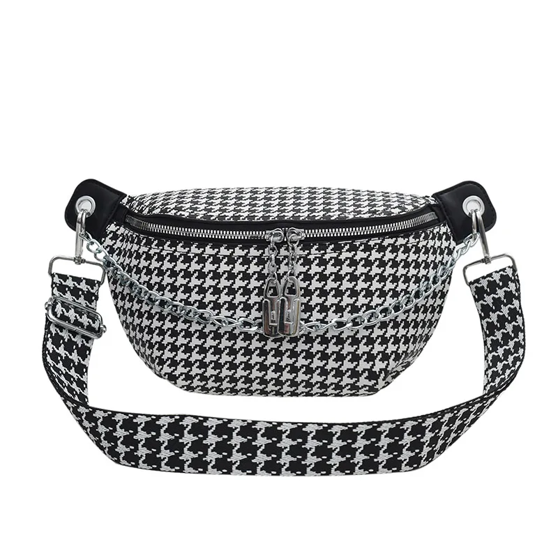 Fashion Chain Waist Bag For Women Houndstooth Chest Bag Quality Leather Fanny Pack Luxury Designer Female Shoulder Crossbody Bag