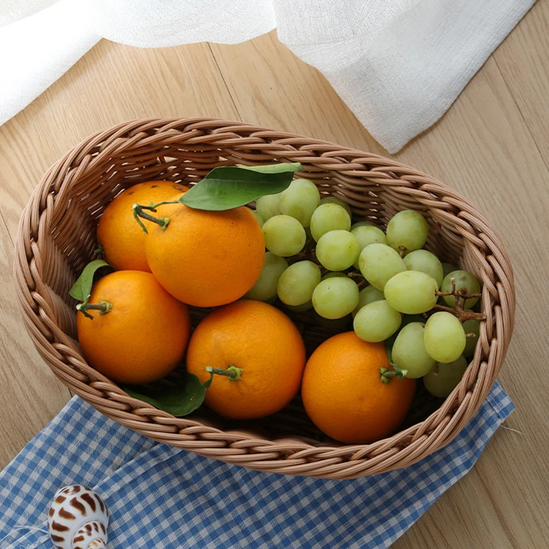 Handwoven Oval Rattan Wicker Basket Snacks Storage Box Kitchen Supplies Basket Fruit Tray Fruit Tea Snack Bread Picnic Trays