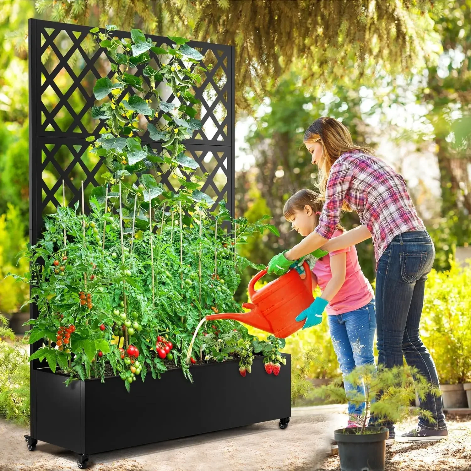 Metal Planter Box with Diamond Lattice Trellis Planter Box for Climbing Plants/Vines, Garden Bed with Trellis(73"x47" Black)