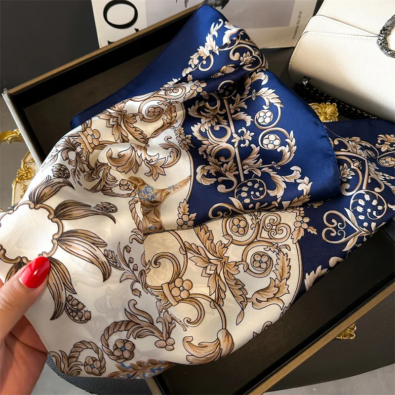 2024 Spring/Summer New70*70cm Square Scarf Breathable Flower  Print Neckerchief Women’s Classical Imitation Silk Bandannas