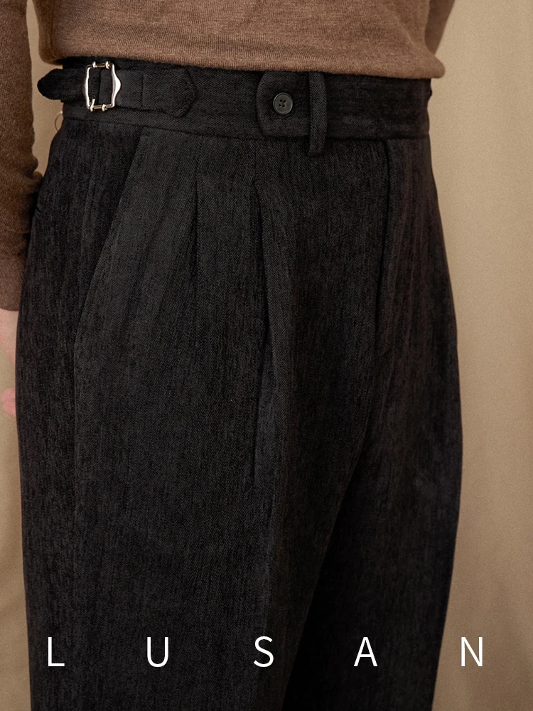 High Quality Fall Winter Men High Waist Cropped Pants Vintage Chenille Velvet Soft Glutinous Warm Suit Pants Trendy Men