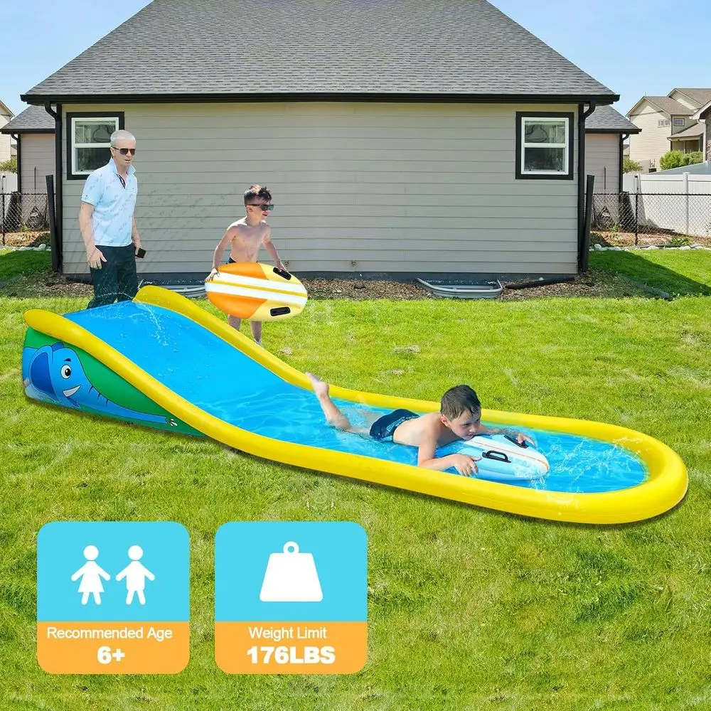 สไลเดอร์น้ำเป่าลมพร้อมสปริงเกอร์สำหรับเด็ก, สไลเดอร์น้ำสูง 15 ฟุต พร้อมกระดานโต้คลื่นเป่าลม 2 อัน และหัวฉีดน้ำในตัว สำหรับเด็กอายุ 6 ปีขึ้นไป