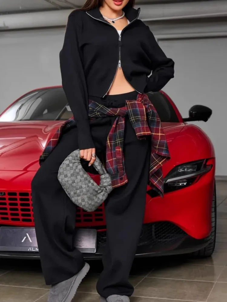 Moda feminina de manga comprida com zíper camisola cardigan calças esportivas de perna larga conjunto de duas peças outono e inverno conjuntos de calças casuais