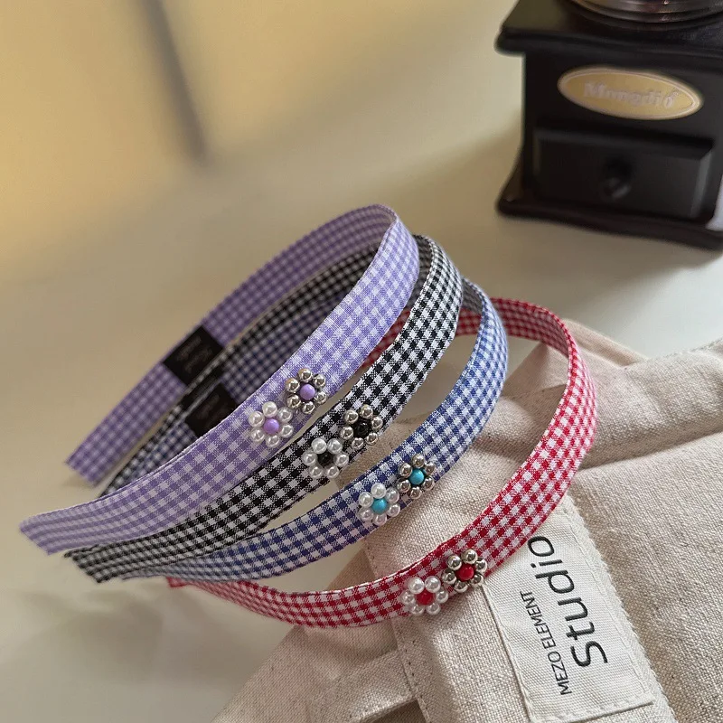 

Korean Retro Style Metal Beaded Flower Hairband Sweet Fabric Plaid Headband for Women Fashion Hair Accessories