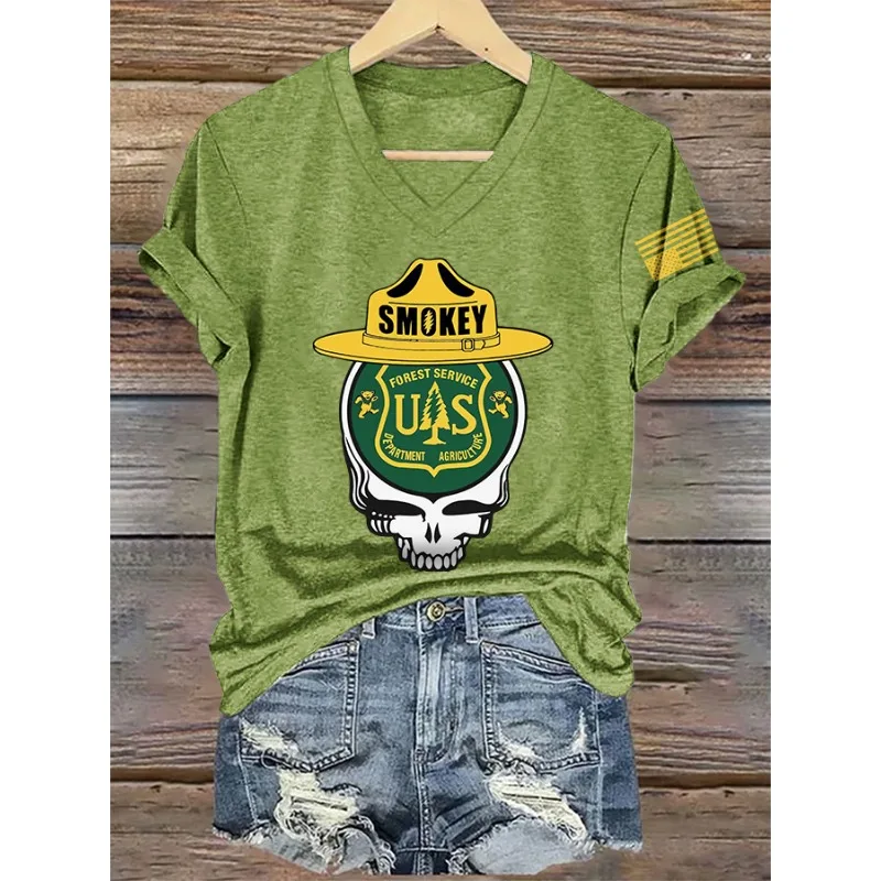 New Women's Retro Save The Forest Service Print Tees Summer V Neck Tops Short Sleeve Casual Resist T-Shirts