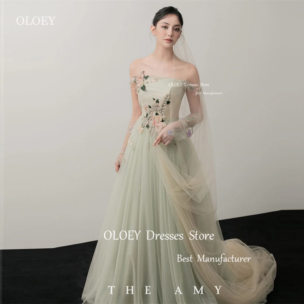 

OLOEY Elegant Sage Green Tulle A Line Evening Dresses Korea Wedding Photoshoot 3D Flowers Fairy Prom Gowns Formal Party Dress