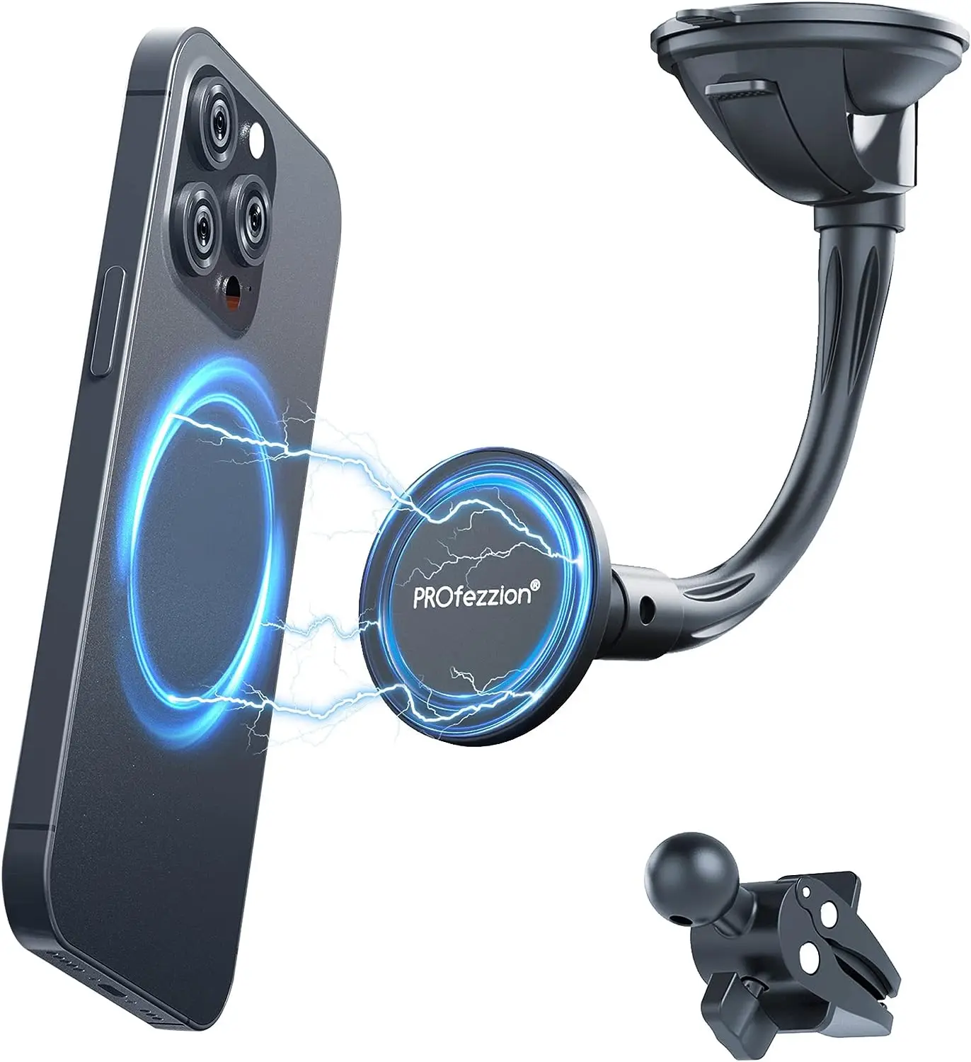 PROfezzion Suction Cup & Vent Clip Combo 360 Rotating Strong Magnetic Car Long Arm Phone Holder for MagSafe Case iPhone 15/14/13