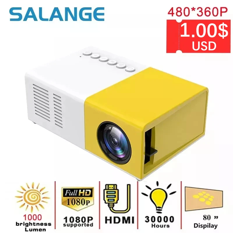 

Salange J9 Pro Projector 1000 lumens 480x360 Pixels 3.5mm Audio HDMI USB Mini LED Projector Home Media Player PK YG300