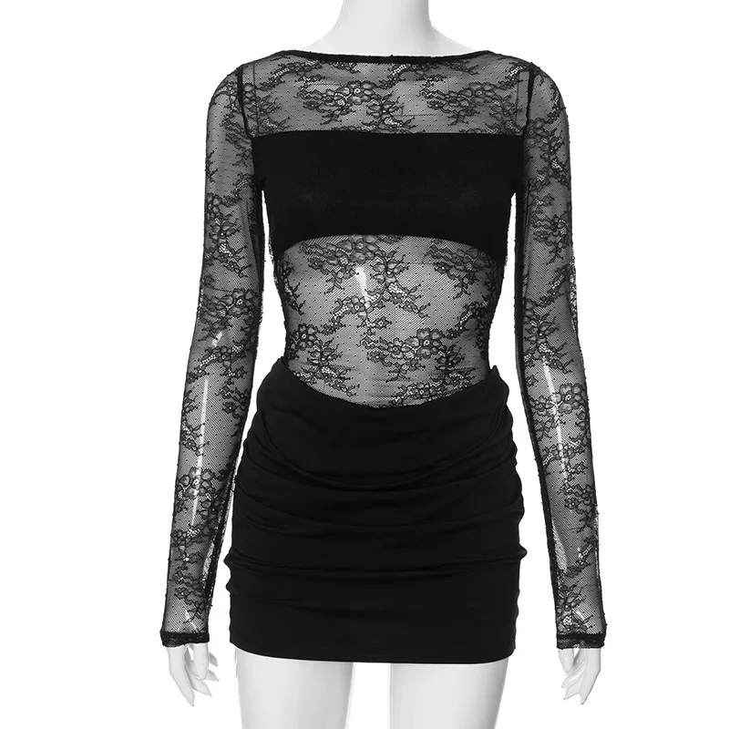 Talenza Lace Sheer High Waist Mini Dress Women\'s Solid Color Patchwork Print Short Dress Sexy Slim Long Sleeve Mini Dress Y2k