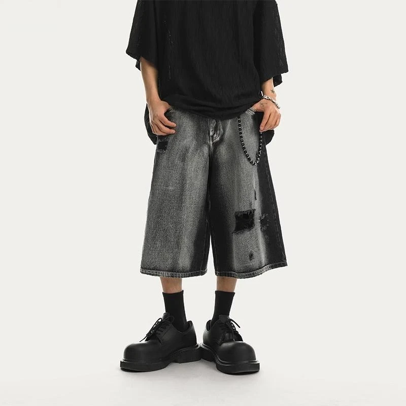 

Men's Ripped Denim Shorts Summer Baggy Straight Fit Streetwear Jean Shorts Casual Knee Length Hip Hop Style