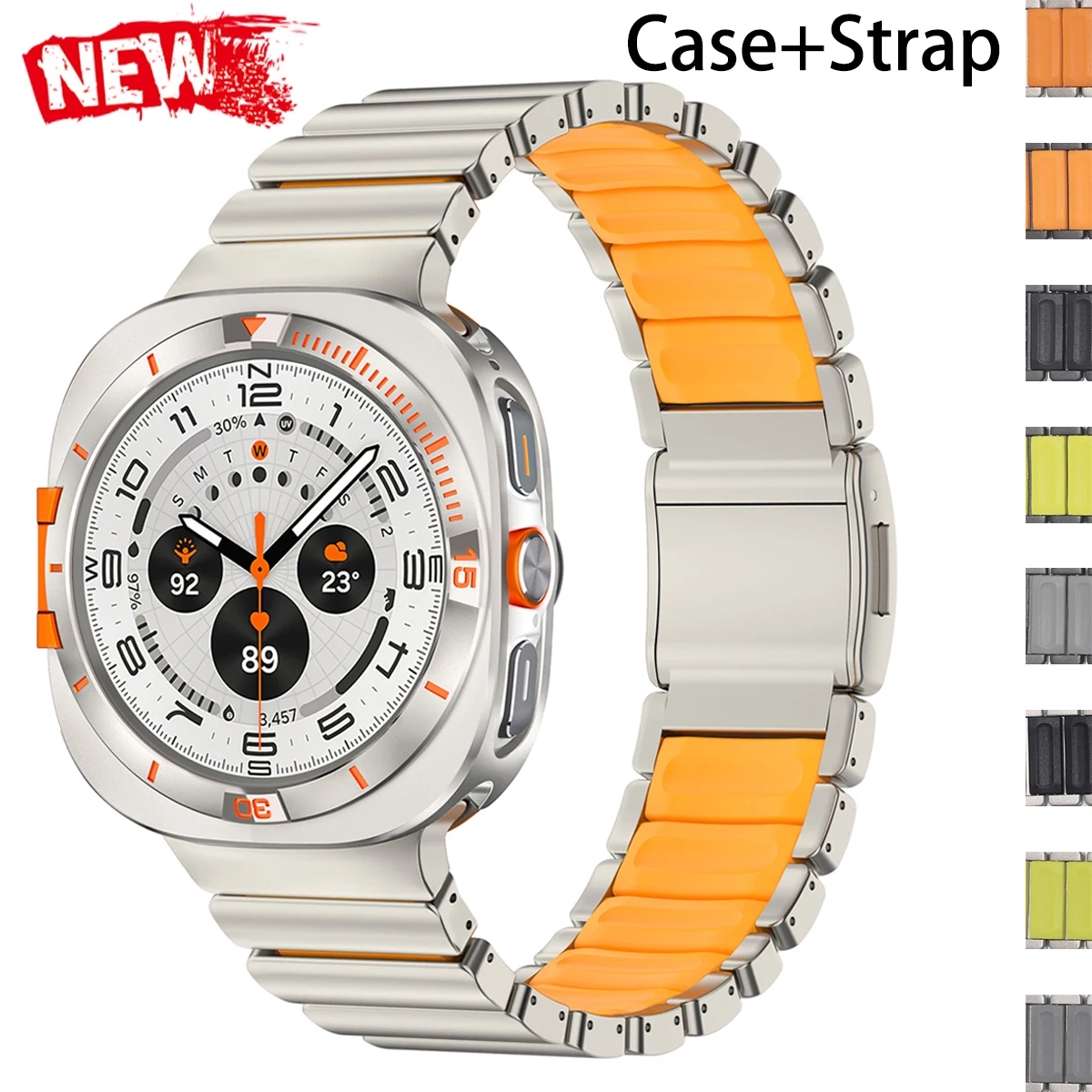 Capa com Escala de Tempo + Pulseira de Titânio para Samsung Galaxy Watch Ultra 2025/7 47mm, Bumper de Metal + Pulseira de Silicone para Galaxy Ultra 4