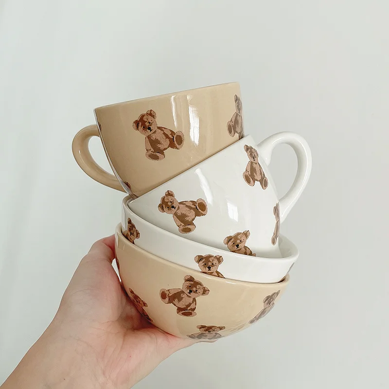 Korean Ceramic Rice Bowls Cute Cream Bear Mugs Couple Coffee Cup Ice Cream Bowl Breakfast Bread Milk Mug Household Tableware