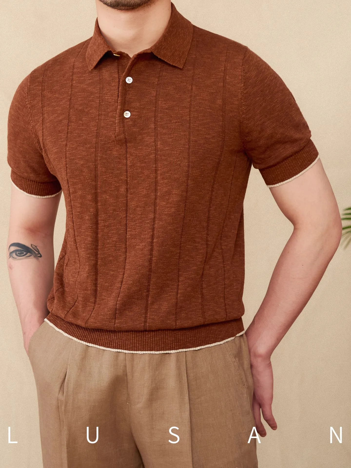 

Men's Linen Cotton Blended Knitted Polo Shirt Short Sleeve Business Casual Lapel Striped Trendy T-Shirt Summer Top