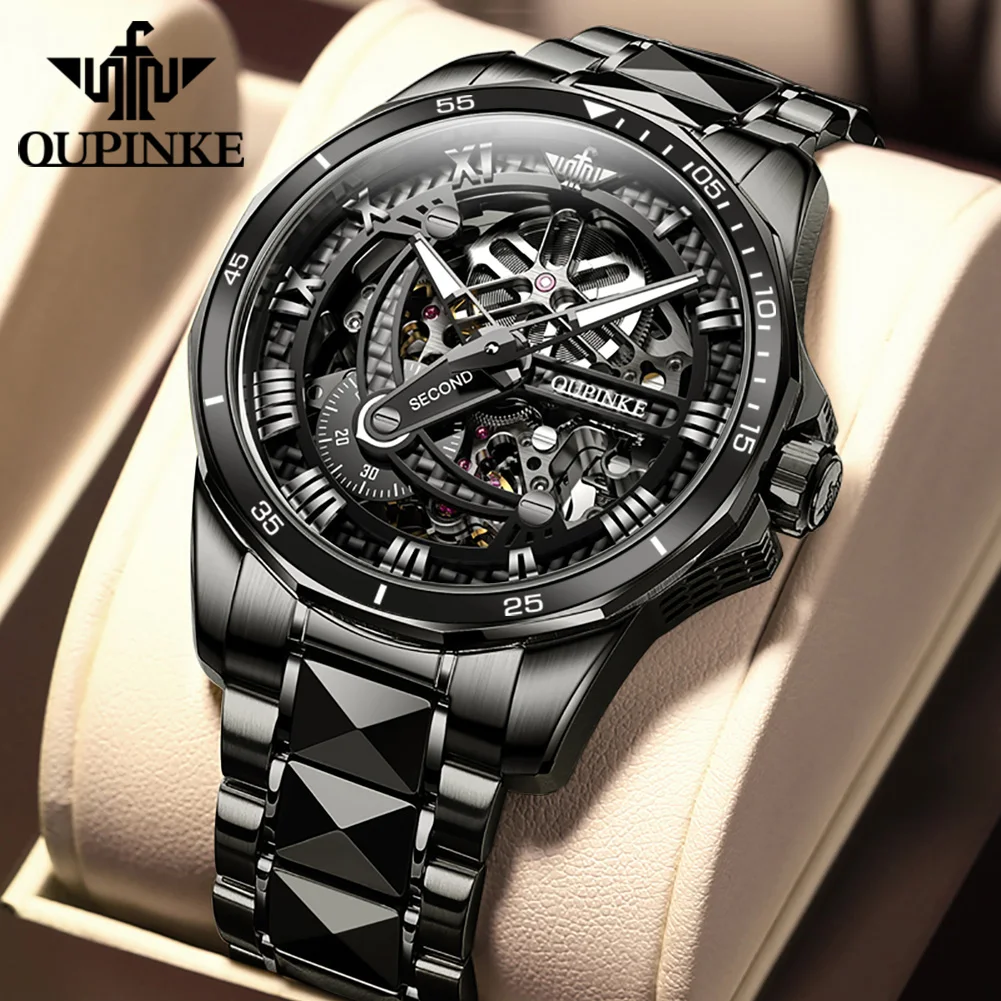 OUPINKE 3178 Automatic Mechanical Men's Watch Full Tungsten steel Skeleton 50M Waterproof Wristwatch Man Original Watches
