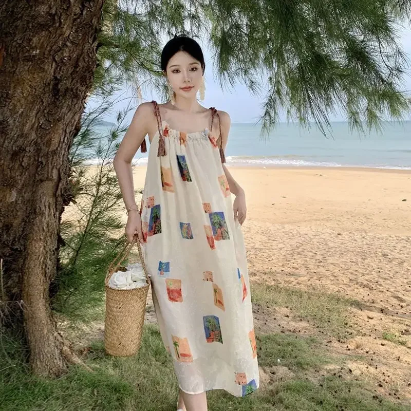 

Bohemian One Shoulder Loose Printed Long Skirt Summer Women's Seaside Vacation Suspenders Dress Artistic Retro Leisure Dresses