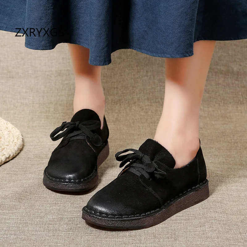 ZXRYXGS Retro Style Top Cowhide Single Shoes Woman New Flats 2025 Winter Soft Sole Comfort Warm Shoes Flat Sneakers Casual Shoes