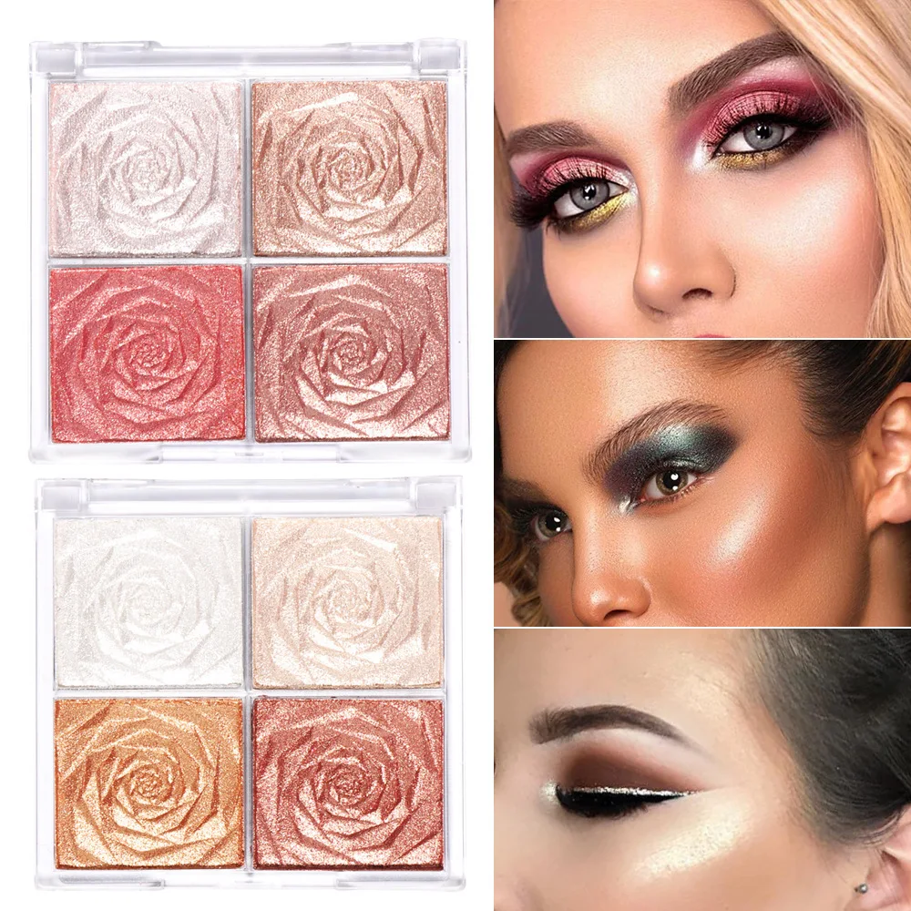 Rose Diamond ผงแป้งไฮไลท์ Palette Glitter คอนทัวร์ใบหน้ากระจ่างใสแต่งหน้า Shimmer ส่องสว่างสูงเครื่องสำอางค์4สี