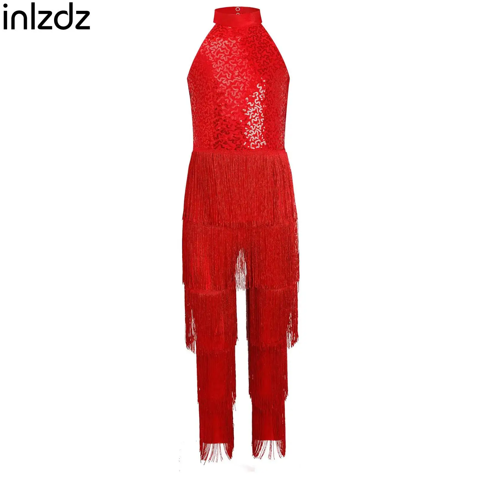 

Tassel Sequin Latin Dance Jumpsuit for Kids Girls Halter Sleeveless Bodysuit Tango Cha-cha Samba Dance Performance Dancewear