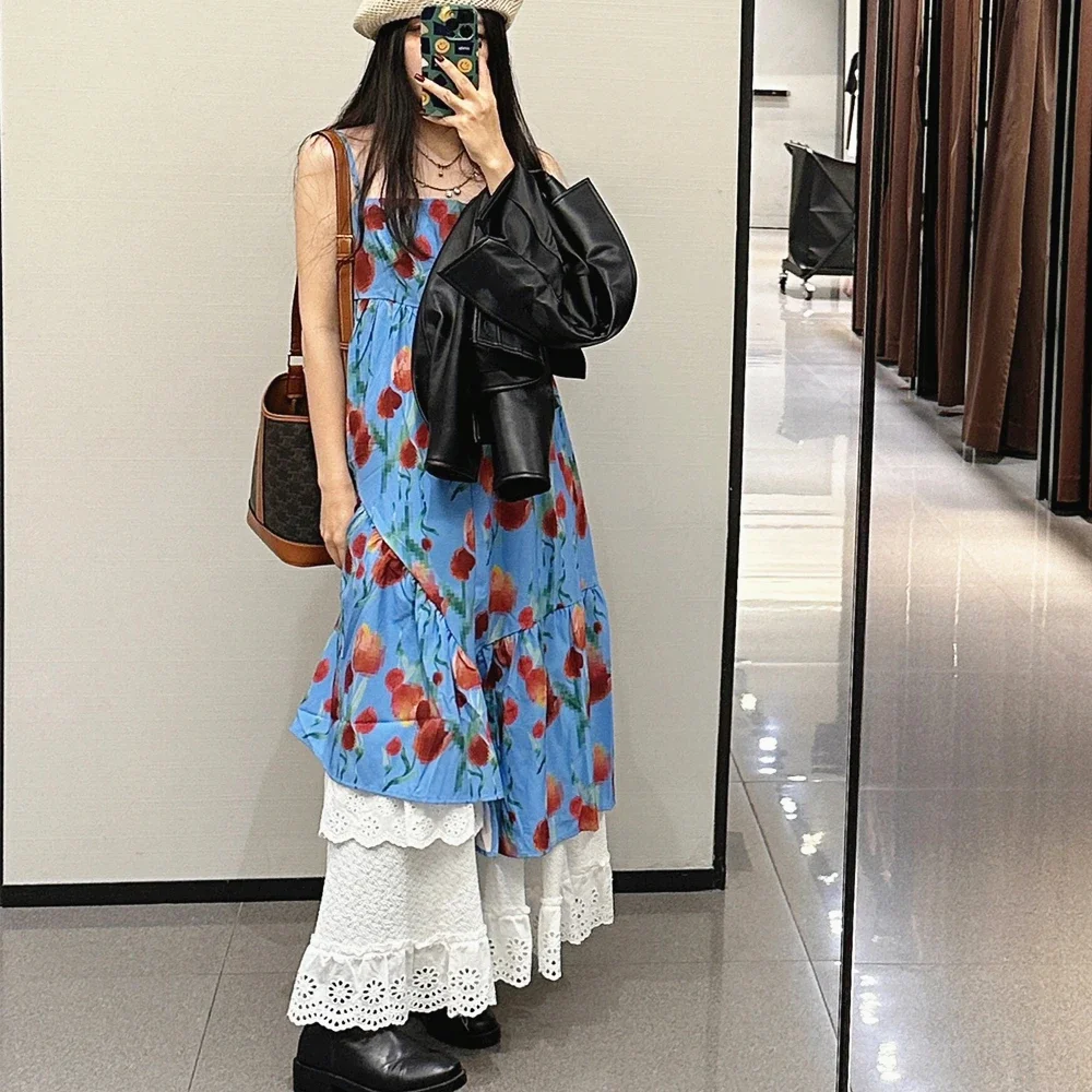 Vintage Blue Sweet Tulip Floral Halter Dress Women Korean Fashion Loose Slim Flower Slip Dress Floor-length Dresses Summer Beach