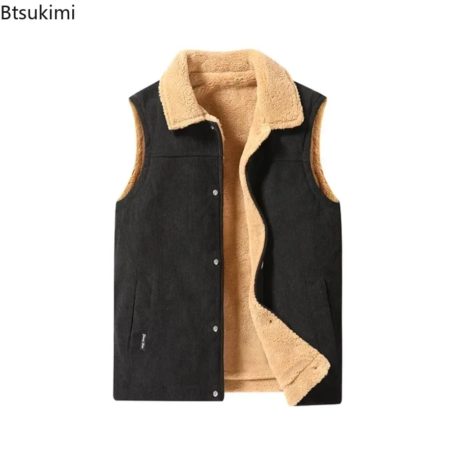 

Autumn Winter New Corduroy Vest Jacket Men's Thicker Warm Vest Lamb Fleece Lapel Waistcoat 2025 Man Casual Sleeveless Outerwear