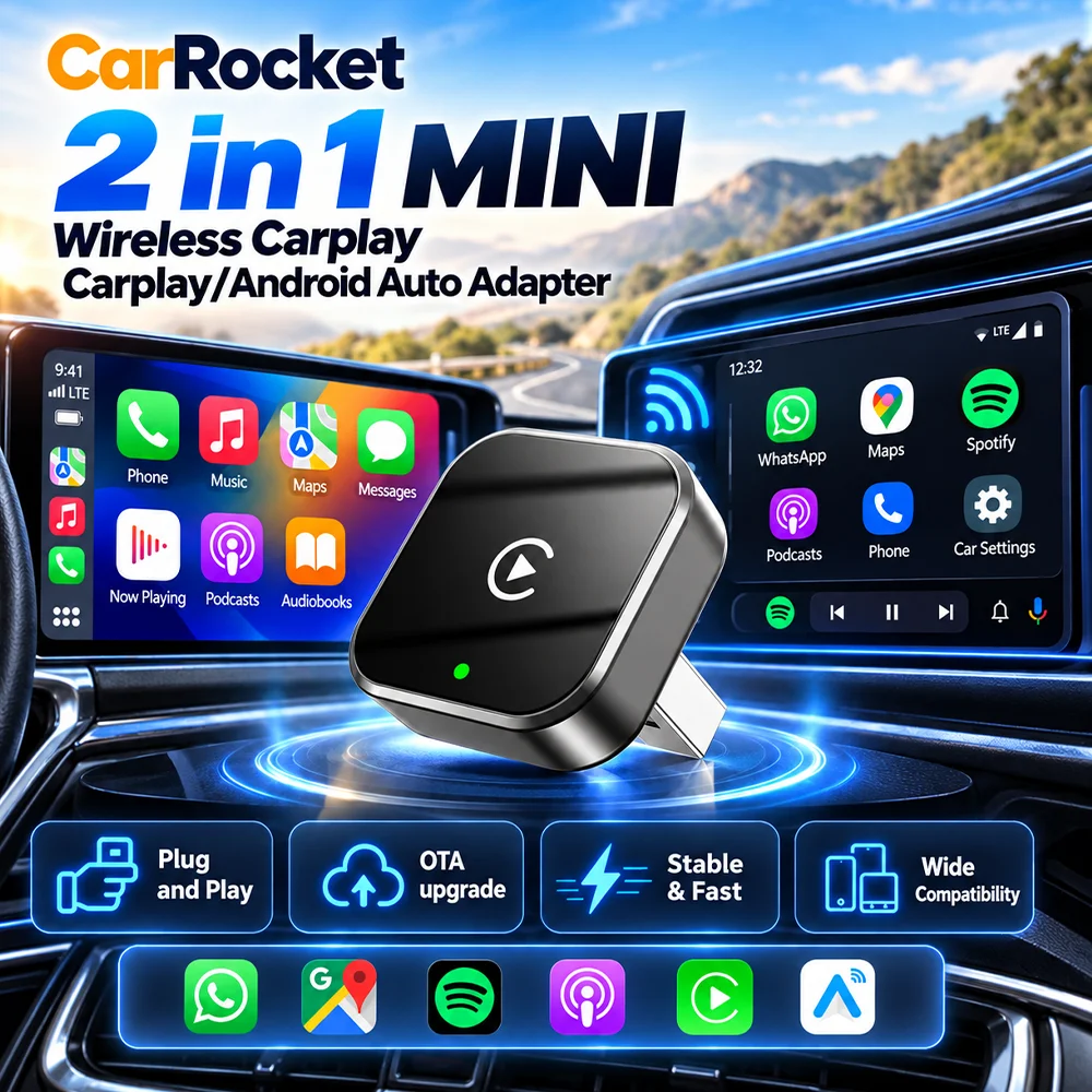 2026 2 In1 Wireless CarPlay Adapter Android Auto For Apple iPhone＆Android Plug and Play Fast and Stable Connection