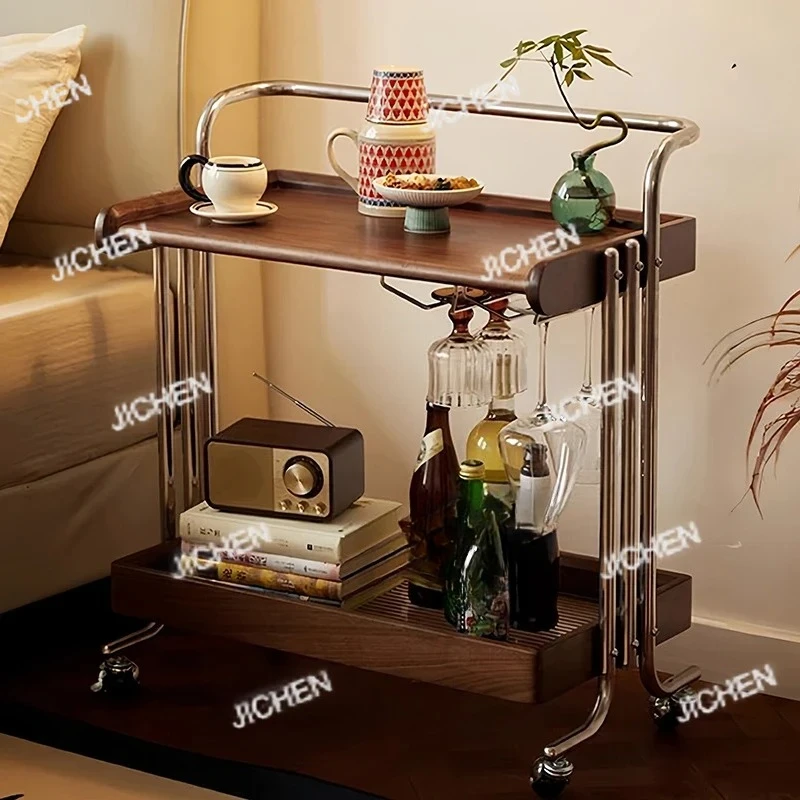 Solid Wood Stainless Steel Mobile Trolley Bedside Table Storage Rack Coffee Tables Desk Computer Desks Side Table Cart Furniture
