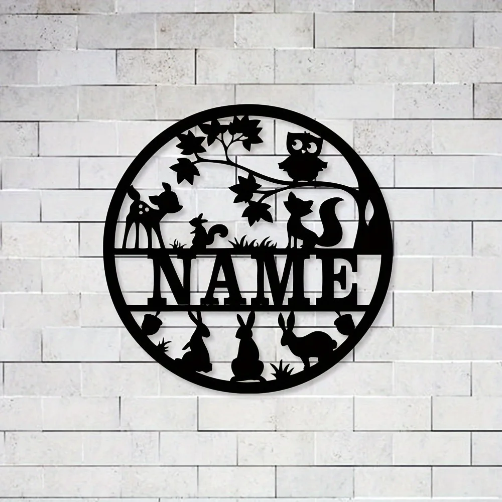 

Металлическая настенная картина на заказ, дизайн лесных животных, олень, кролик, лиса, сова, персонализированный текст, идеально подходит для внутреннего и наружного декора, подарочная настенная вывеска